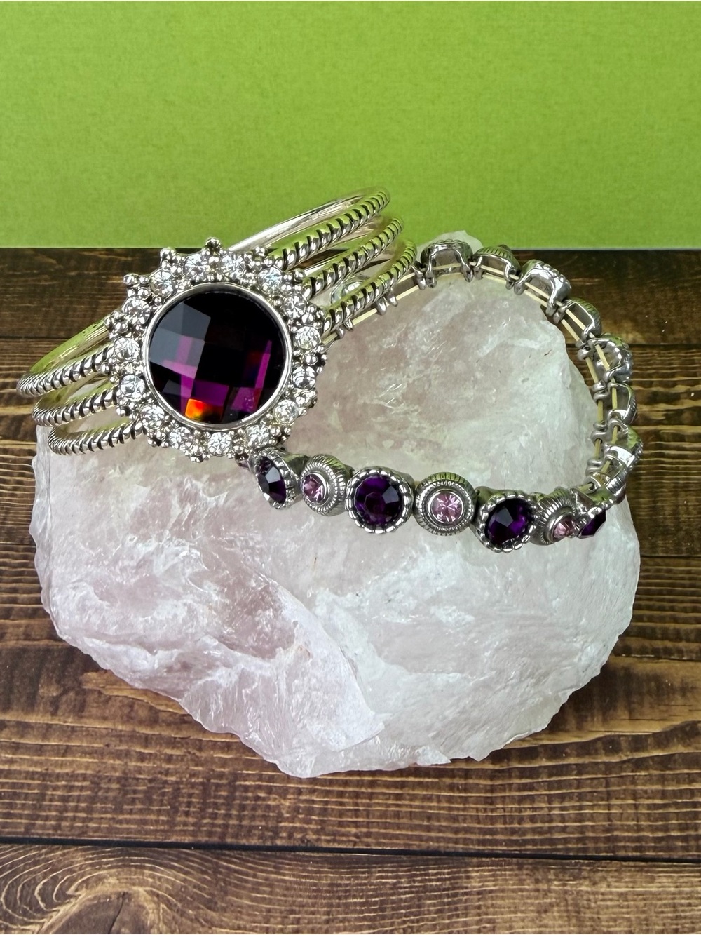 Regal Amethyst Purple & Silver Cable Wire Cuff Stretch Bracelet Set